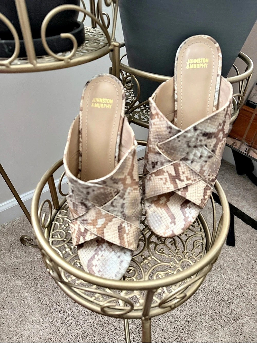 Johnston & Murphy Snake Print Strappy Heels in Brown & Cream